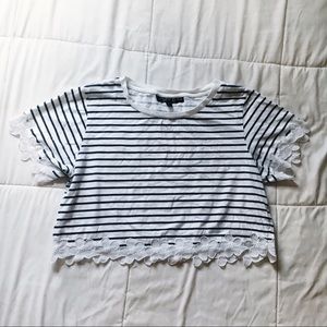 Navy Striped Crop Top w/ Floral Trim Hem - Topshop